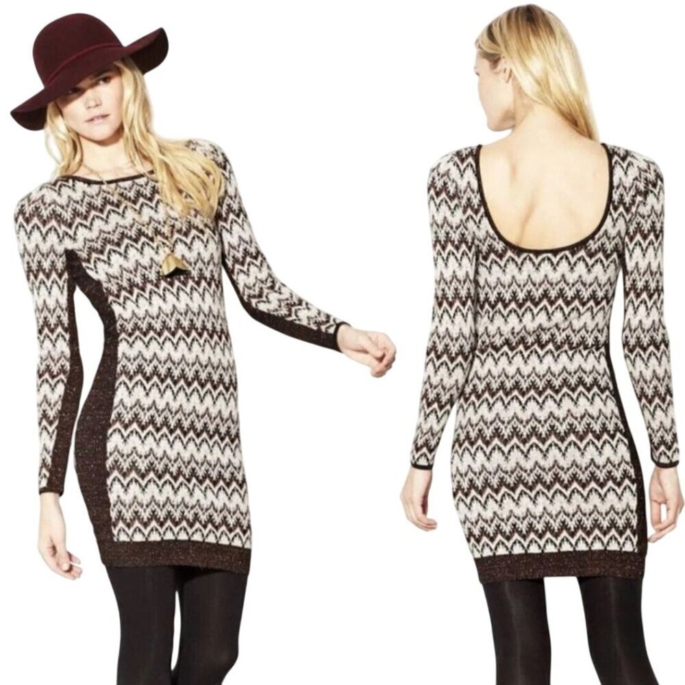 Free People Cozy Cabin Bodycon Sweater Dress Metallic Detail Low Back Size M